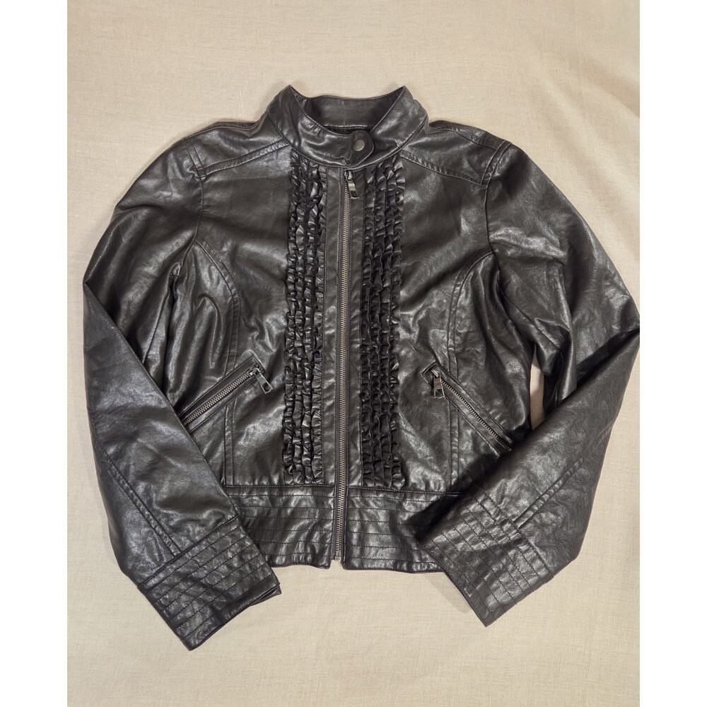 Vtg Y2K 90s Rampage‎ Faux Leather Black Jacket Ruffle Women's M
